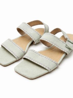 Five Tribe Breezy Mint Green Suede Sandals Size 7 Square Toe Strappy Minimal